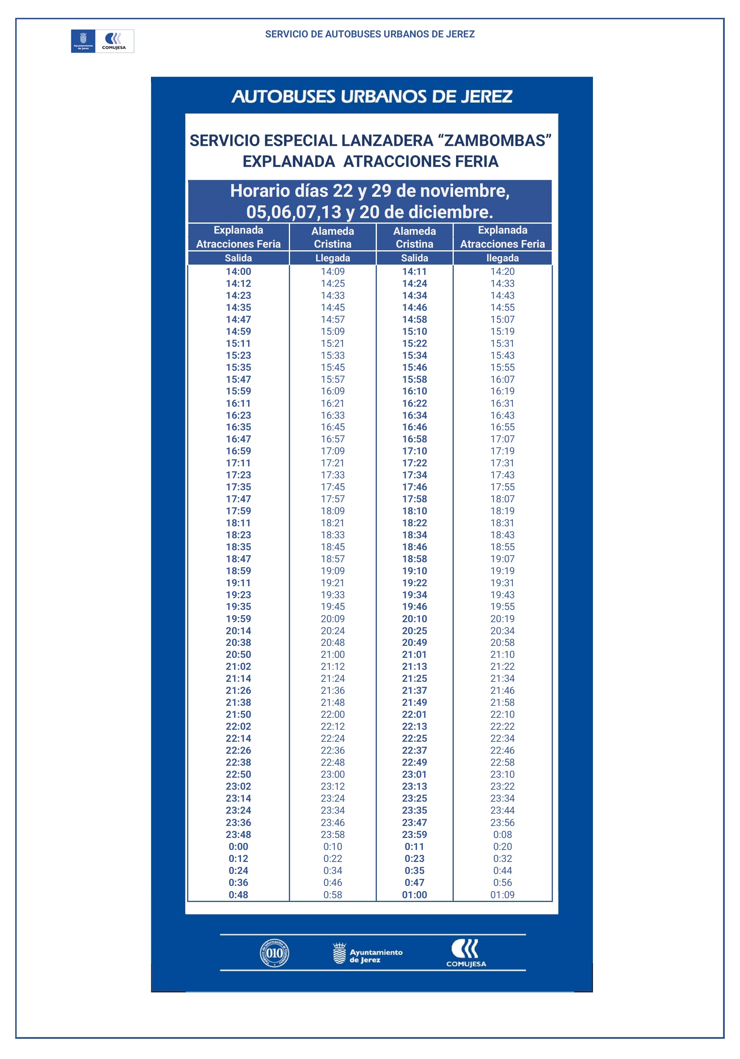 Horarios Sábados y Domingo 07 dic. Lanz Explanada Feria