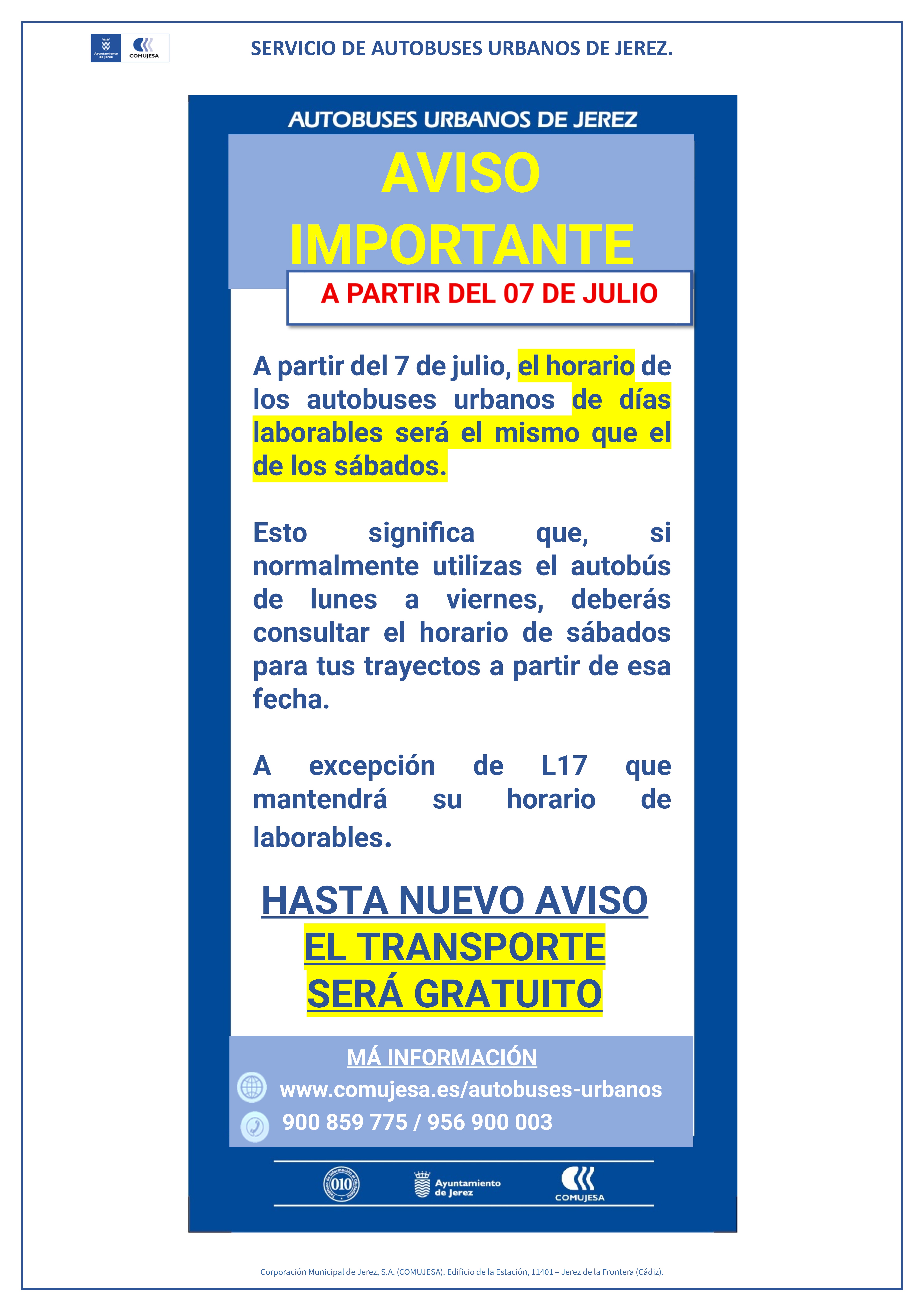 AVISO REDUCCION DEL SERVICIO EN DIAS LABORABLES